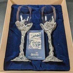 Vintage Seagull Pewter set of 2 wine glasses in box